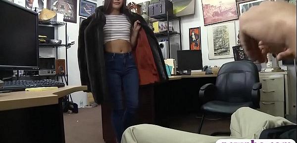  Cute babe in fur coat boned by pawn man at the pawnshop